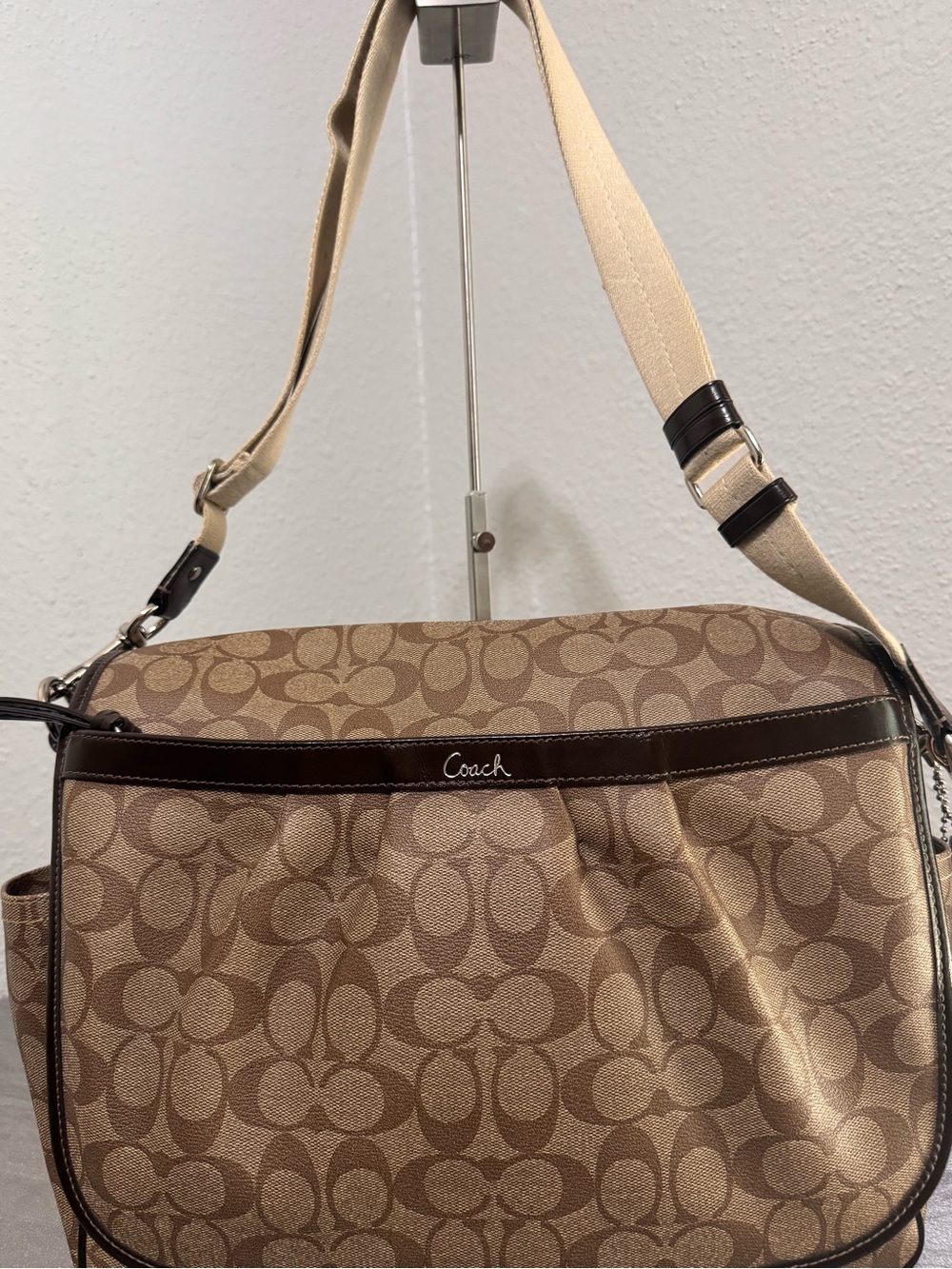 Coach Brown Signature Canvas Shoulder Bag with Cream Strap